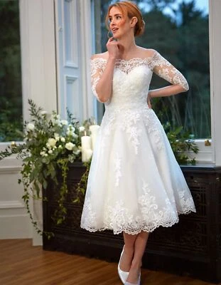 Off-Shoulder Elegant Wedding Dress A-Line 3/4 Sleeve Applique Tea-Length Crystal - Image 1 of 4