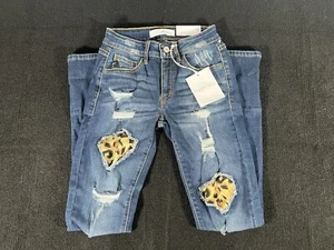 Kancan Jeans Womens0/23 Ankle Skinny Blue Mid Rise Denim Distressed Animal Print - Picture 1 of 8