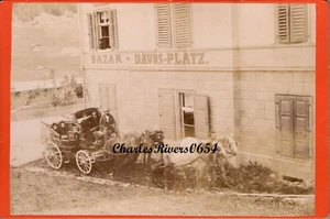 CABINET CARD STREET VIEW HORSE & CARRIAGE & BAZZAR AT DAVOS-PLATZ SWITZERLAND - Picture 1 of 2