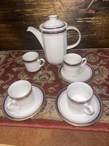Tirschenreuth Bavaria Tea Pot Cup & Saucer Royal Blue And Gold 4 Cups 3 Saucers - Picture 1 of 11