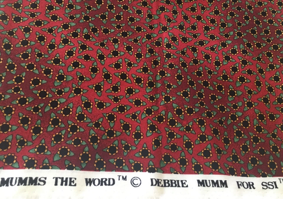 Tela de algodón - DebbieMumm - Mares del Sur - Granero Rojo bkgd, flores negras/doradas, hojas Foto 1 de 1