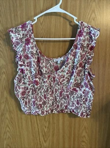 Patrons of Peace Crop Top Womens Large Pink Cream Bloom Ruffle Cottage Western - Picture 1 of 3