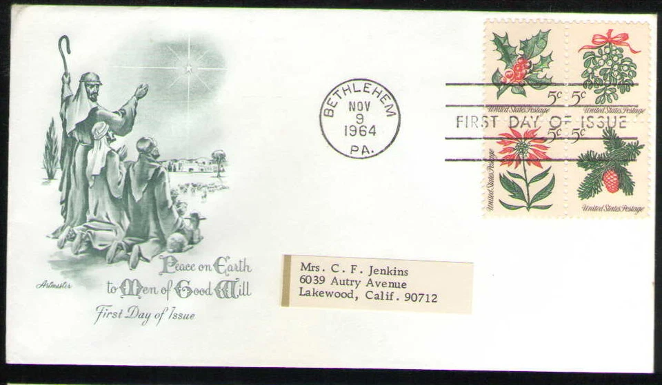 US. 1254a-1257a. Christmas. 1257c Block of 4, Tagged,Verity. Artmaster FDC. 1964 - Image 1 of 1