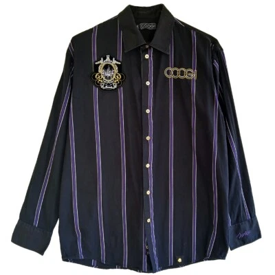 Coogi Mens Size L Gold Button Embroidered Crest Patch Black Purple Stripe Shirt - Image 1 of 4