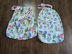 Set/2 Sm Drawstring BAGS hm w/100%cotton Pretty Floral Prints w/Butterflies, NEW - Picture 1 of 10