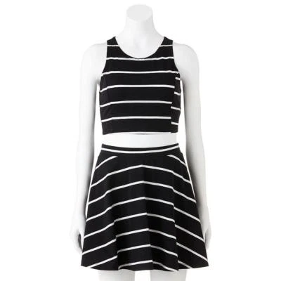 JUEGO DE 2 CAMISETAS SIN MANGAS Y FALDA SKATER Julie a Rayas Negro Blanco Genial Conjunto de Verano Foto 1 de 3