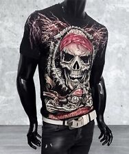 ROCKER BIKER Rundhals Slim Body PEARLES SKULL Pirat Schwarz Herren T-Shirt