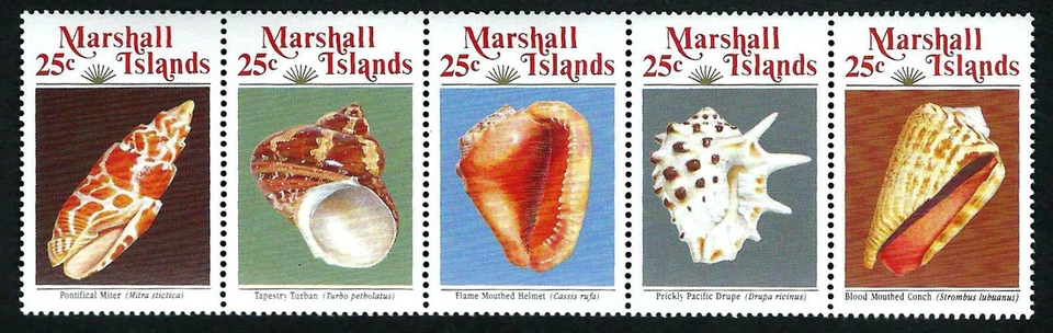 MARSHALL ISLANDS, SCOTT # 216-220, STRIP OF 5 MNH SEA SHELLS, SEASHELLS 1989 - Image 1 of 1
