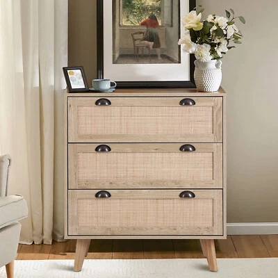 Rattan Sideboard Buffet Cabinet, Accent Storage Cabinet with 3 Drawers End Table - Image 1 of 4