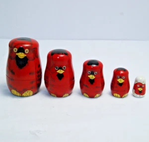 Wood Red Bird Nesting Dolls Cardinal Rooster 5 Piece Birds 4" Tall Matryoshka - Picture 1 of 12