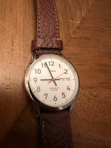 Timex Easy Reader Watch Men Indiglo 36mm Silver Tone Day Date Leather Band - Picture 1 of 6