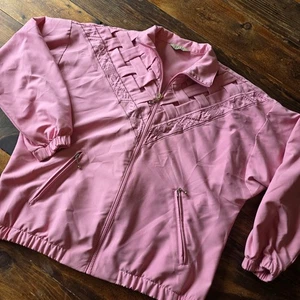 Vintage 80s Pink Teogi Zip Up Jacket Embroidered Woven Front Bomber Coat - Bild 1 von 9