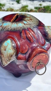 Vintage Hull Pottery 1957 Corky Pig Piggy Bank Brown Turquoise Drip Glaze Cork - Picture 1 of 17