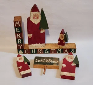 Hand Carved Painted 6 Piece Wood Merry Christmas Santa Display Figures - Picture 1 of 4