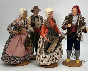 Vtg Set Of 4 France Santon Detailed Clay Dolls Old Man Woman Fisherman Signed - Picture 1 of 18