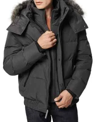 Andrew Marc Men's Charcoal Umbra Faux Fur Hooded 28" Bomber Puffer Jacket Large - Image 1 of 4