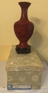 Chinese Florals Hand Carved Red Cinnabar 9” Vase with Blue Enamel on Copper - Picture 1 of 12