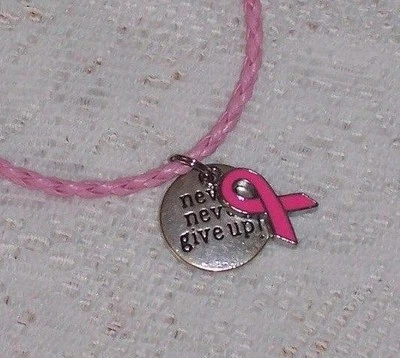 Breast Cancer Awareness Never Give Up Necklace on Pink Leather - Image 1 of 3