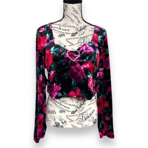 Madden NYC 3XL Velour Top Red Floral Rhinestone Heart Stretchy Boho Glam Tee - Picture 1 of 9