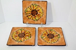 Set of 3 Clay Art Salad Plates, StoneLite Sunflower Hand Painted, 8"in - Picture 1 of 5