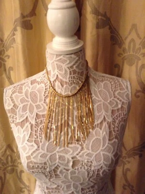 MICHAEL KORS SEASIDE LUXE GOLD TONE STAINLESS STEEL FRINGE BIB NECKLACE MKJ2690 - Image 1 of 3