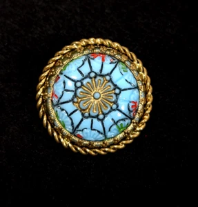 Vintage West Germany Enamel Mosaic Round Blue Gold Tone Brooch Pin Medallion - Picture 1 of 9