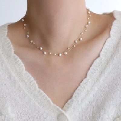Woman 18K Gold Plated Stainless Steel Pearl 2 Layers Chain Necklace - Image 1 of 4