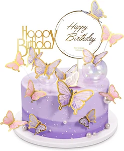 22-Pieces Butterfly Cake Decorations with Happy Birthday Acrylic Cake Toppers fo - Picture 1 of 12
