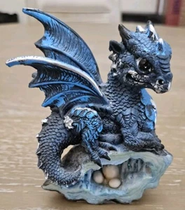 Blue Medieval Baby Dragon with Crystal Egg Decorative Figurine Polyresin Statue - Picture 1 of 4