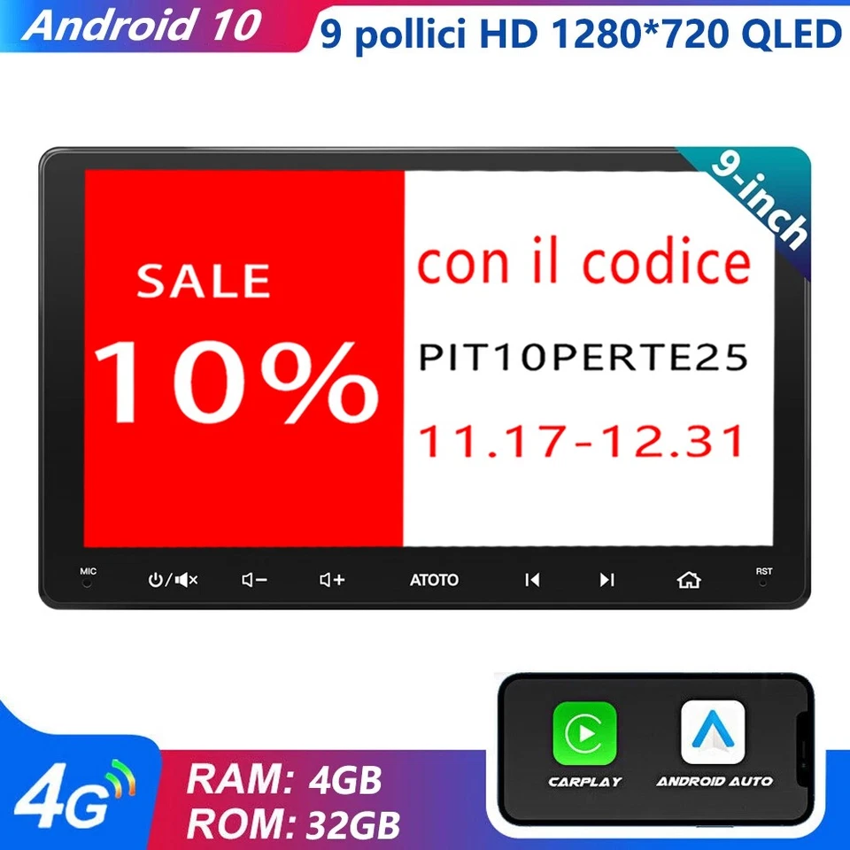 ATOTO S8MS 9" Android Autoradio 2 DIN 4G LTE integrato GPS 4G+32G Android Auto - Immagine 1 di 4