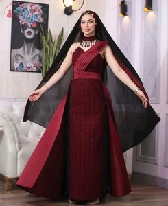 Women Palestinian Traditional Embroidery Thobe Dress Off-Shoulder with Scarf - Picture 1 of 20