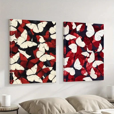 2pcs Butterfly Pattern Red And White Elegant Design Wall Art Canvas Unframed - Image 1 of 4