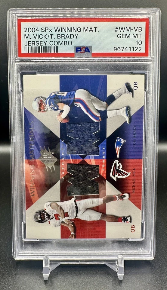 2004 Upper Deck SPx Winning Materials #WM-VB Michael Vick Tom Brady PSA 10 POP 5 - Image 1 of 4