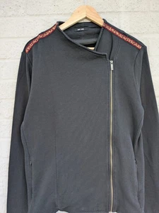 Saint + Sofia Large Black Cotton Biker Jacket Leopard Print Trim Offset Zip - Picture 1 of 19