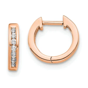 10K Solid Rose Gold Diamond Round Huggie Mini Small Hoop Earrings - Picture 1 of 4