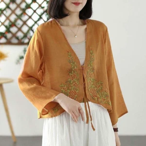 Lady Ethnic Chinese Hanfu Blouse Embroidered Shirt Open Tie 3/4 Sleeve Top Soft - Picture 1 of 14