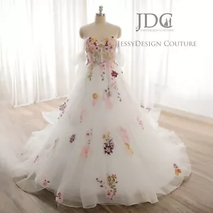 Colorful 3D Flowers Beaded Lace Wedding Dress Bridal Gown Corset Ball Gown - Picture 1 of 14