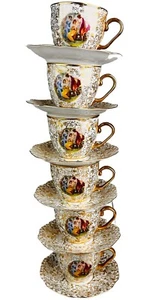 chodav Czechoslovakia grecian Austrian scenes cups and saucers X6 , gold edge - Picture 1 of 15