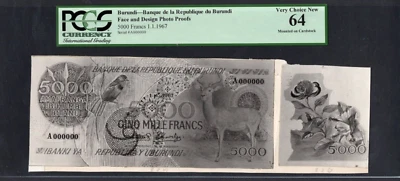 Burundi 5000 Francs1-1-1967 Pick Unlisted face &Design Photo Proofs Grade 64 - Image 1 of 2