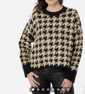 Neu mit Etikett Max Studio Jacquard-Pullover Hahnentritt kurz geschnitten Rundhalsausschnitt schwarz/braun L - Bild 1 von 9