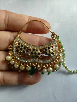 Wedding Nose Ring With Beaded Chain Indian Nath Piercing Hoop Jewelry Gold Tone - Image 1 of 4