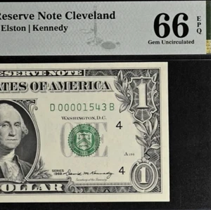 1969 $1 Federal Reserve Note - PMG 66EPQ - Birthday - Low Serial Number 00001543 - Picture 1 of 3