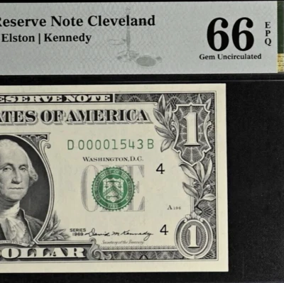 1969 $1 Federal Reserve Note - PMG 66EPQ - Birthday - Low Serial Number 00001543 - Image 1 of 3
