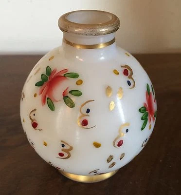 Antique 19th c. French Hand Painted Opaline Glass Perfume Bottle Flowers Gilt - Image 1 of 4