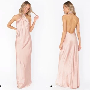 show me your mumu jazmín maxi vestido halter oro rosa lujo satinado mujer grande - Imagen 1 de 8
