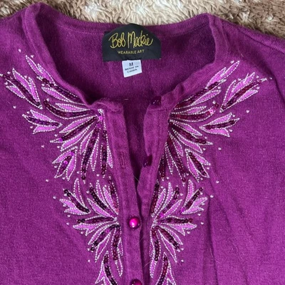 Bob Mackie wearable art purple embroidered sequin cardigan sweater, size M. - Image 1 of 4