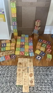 82 Colored Wooden Blocks ABC’s 123’s Spelling Words And Pictures - Picture 1 of 9