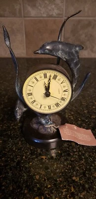 Stunning Brass Frame Marble Base Coastal Dolphin Tabletop Clock Home Decor - Image 1 of 4