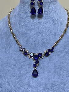 Sapphire color lucite Crystal Stud Drop Pendant Gold Tone Necklace Earring
