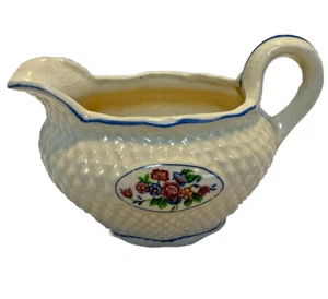 Vintage Japan K Porcelain Creamer Basket Weave Blue Trim Floral 1950s - Picture 1 of 7